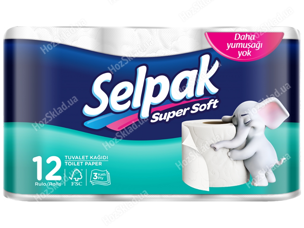 Папір туалетний Selpak тришаровий, білий, целюлоза (ціна за упаковку 12 рулонів)