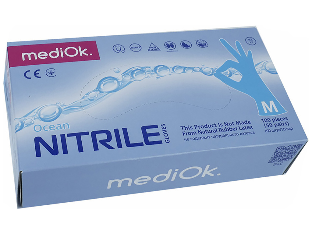 Перчатки нитриловые MediOk, неприпудренные M, синие, 100шт