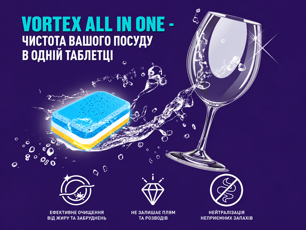 Таблетки для посудомийної машини Vortex All in One, безфосфатні, 40 шт