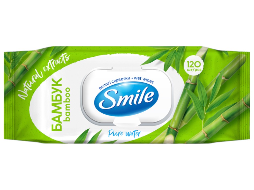 Серветки вологі для шкіри обличчя та тіла Smile, з екстрактом бамбука, з клапаном, 83x97x270мм, 120ш