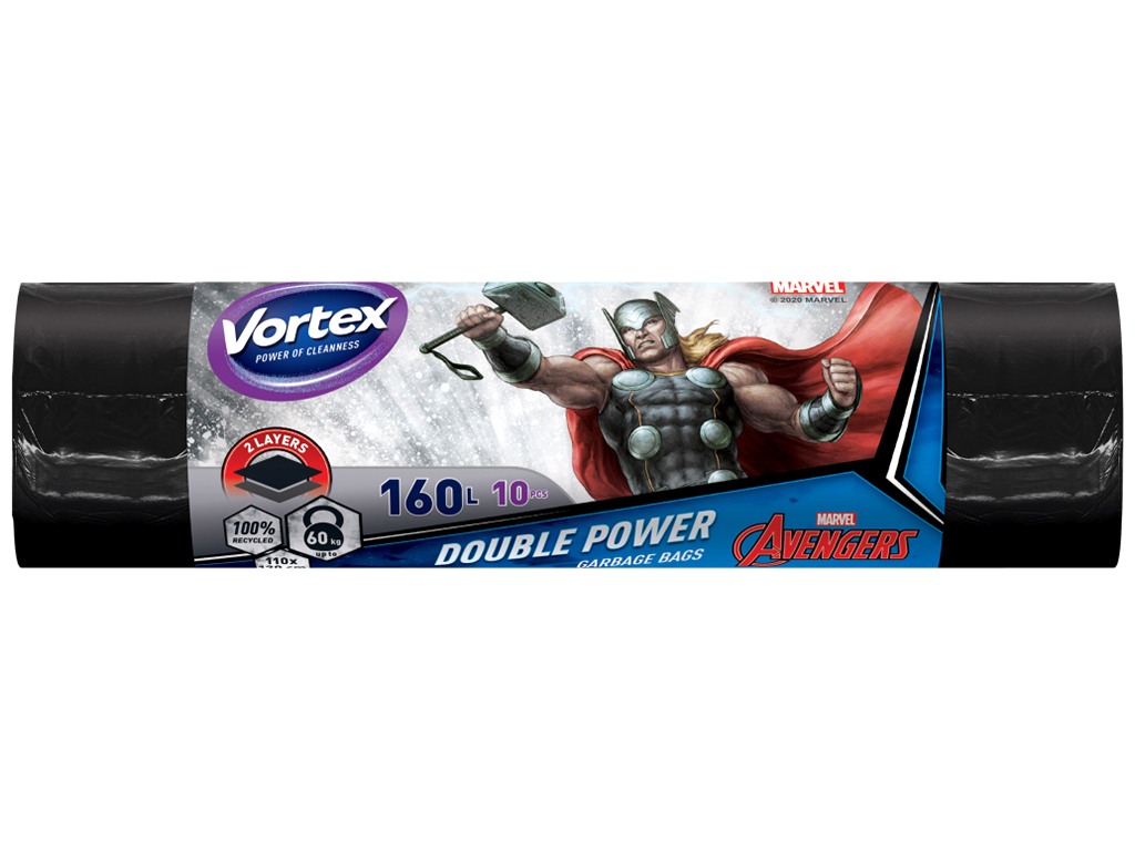 Пакеты для мусора Vortex DOUBLE POWER, многослойные, черные, 160л, 10шт