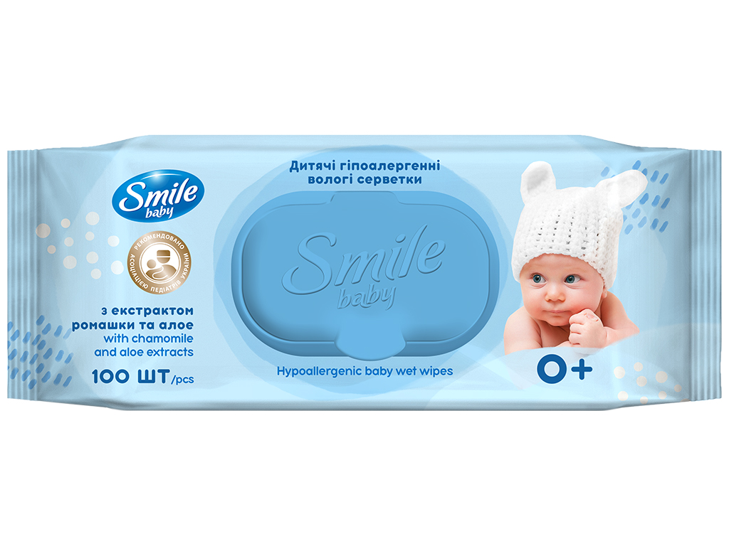 Серветки вологі дитячі Smile Baby з екстрактом ромашки та алое, з клапаном, 80x100x280мм, 100шт