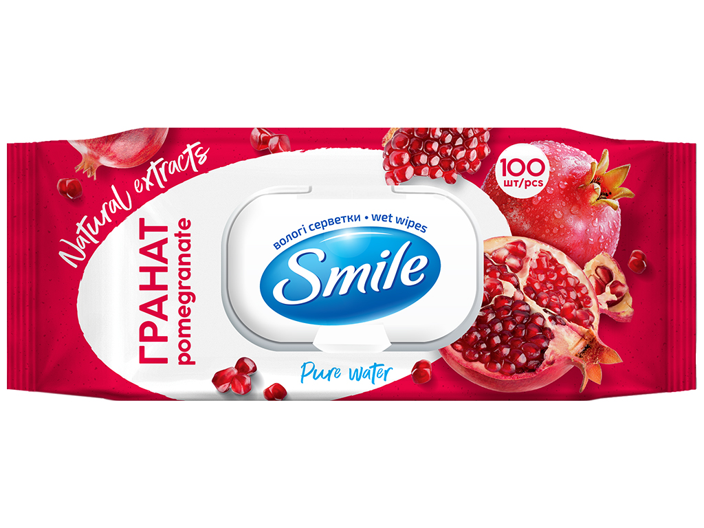 Серветки вологі для шкіри рук та тіла Smile Daily, аромат гранат, з клапаном, 68x97x255мм, 100шт