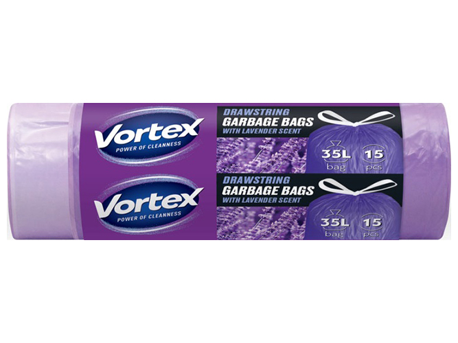 Пакети для сміття Vortex з затяжкою, фіолетові з ароматом лаванди, HDРЕ 50х60см, 35л, 15шт