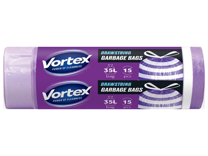 Пакети для сміття Vortex з затяжкою, фіолетово-білі, HDРЕ 50х60см, 35л, 15шт