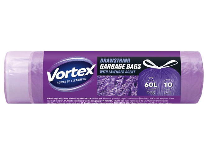 Пакети для сміття Vortex з затяжкою HDРЕ, фіолетові з ароматом лаванди, 60х70см, 60л, 10шт, SRP