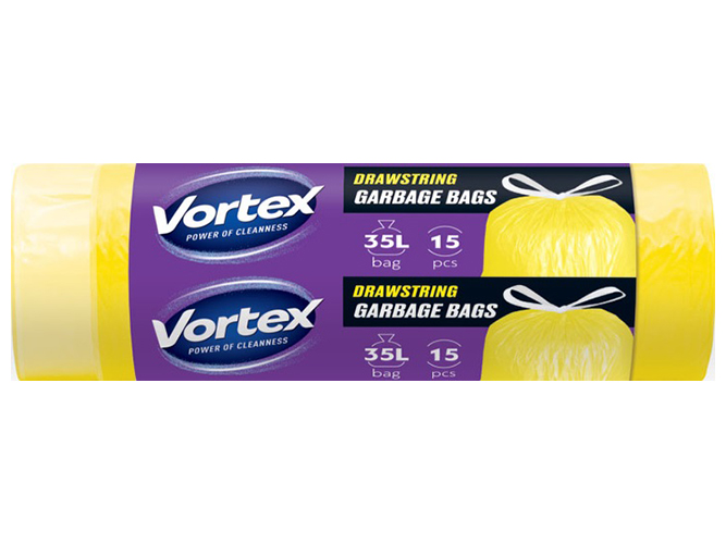 Пакеты для мусора с затяжкой Vortex HDРЕ, 50х60см, желтые, 35л, 15шт, SRP