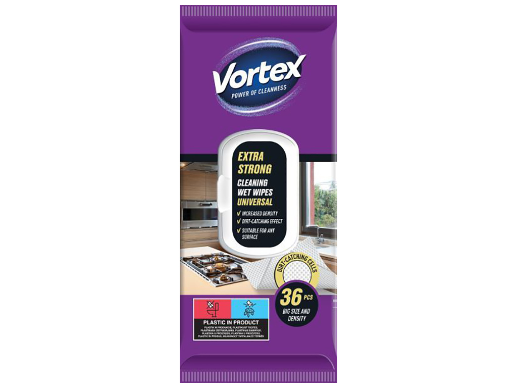 Салфетки влажные для уборки Vortex Extra Strong, для всех поверхностей, усиленные, с клапаном, 36шт