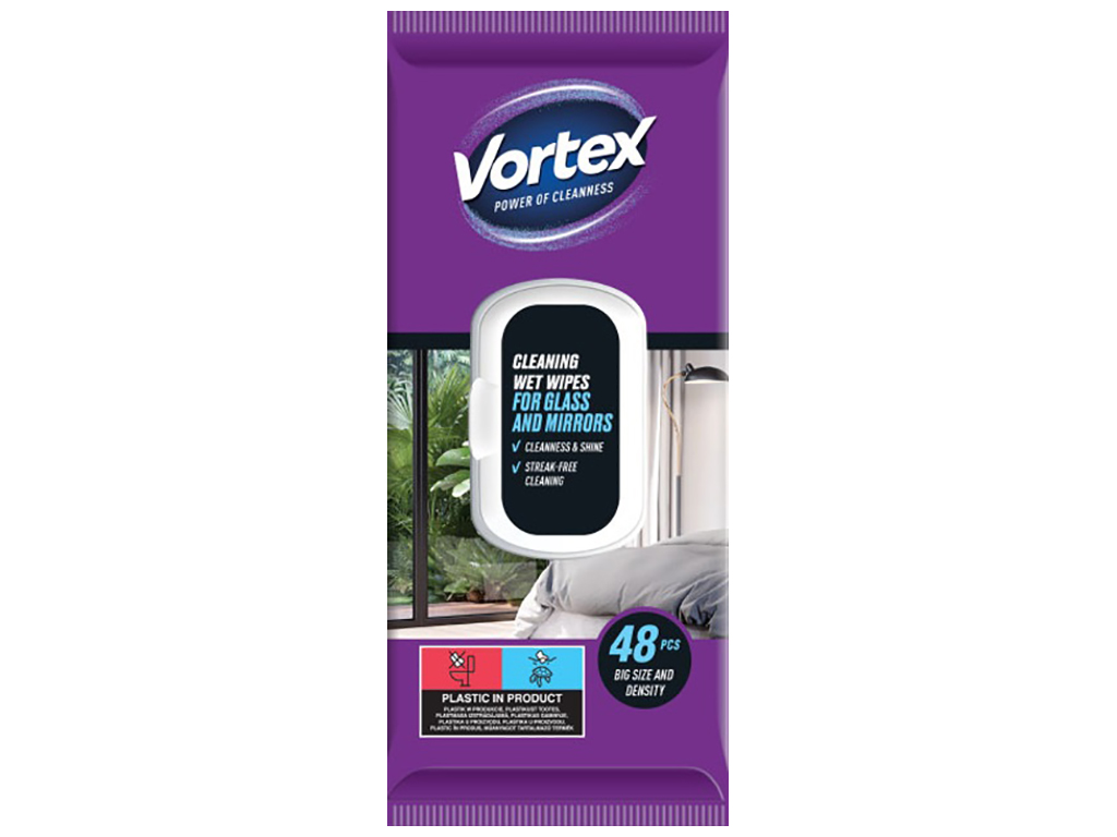 Салфетки влажные для стекла Vortex, с клапаном, 250г, 245x4x95мм, 48шт