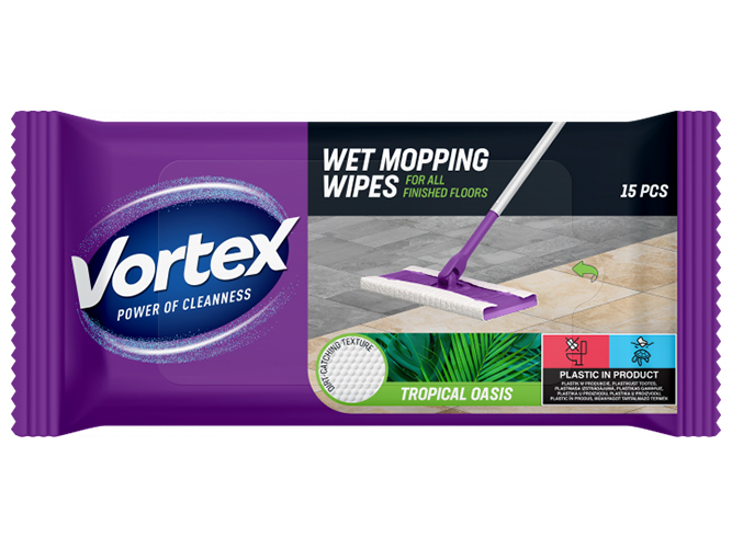 Господарські вологі серветки Vortex Tropical Oasis, для підлоги, розмір 26×22 см, 15шт