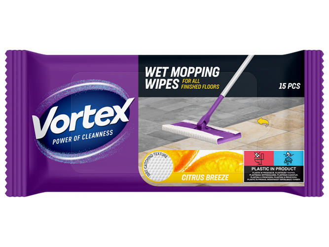 Хозяйственные влажные салфетки Vortex Citrus Breeze, для пола, 15шт
