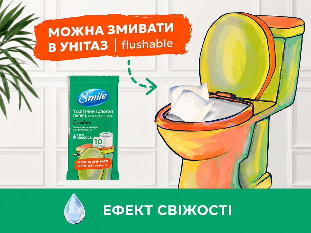Влажная туалетная бумага Smile Comfort, биоразлагаемая, увлажняющая, 10 листов