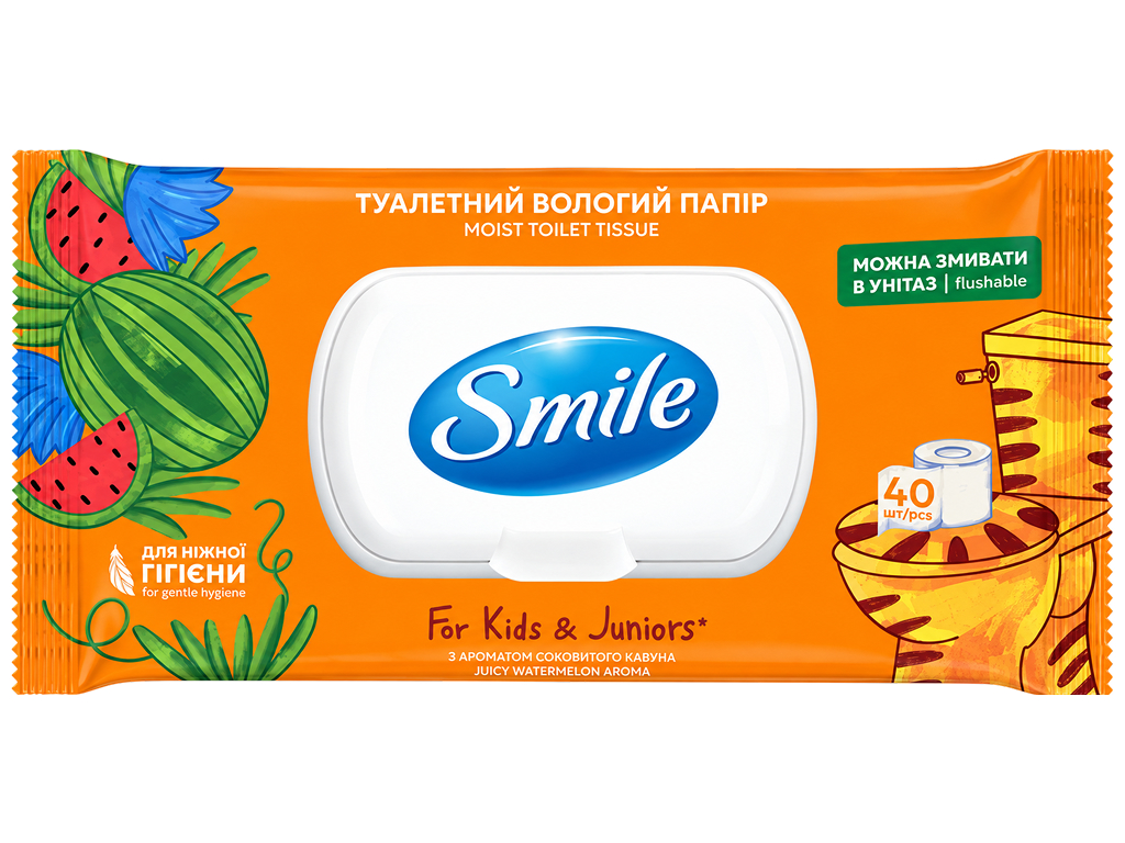 Влажная туалетная бумага Smile For Kids & Juniors, с ароматом арбуза, 40 листов