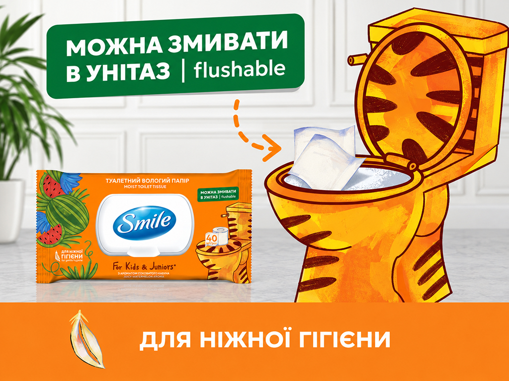 Влажная туалетная бумага Smile For Kids & Juniors, с ароматом арбуза, 40 листов