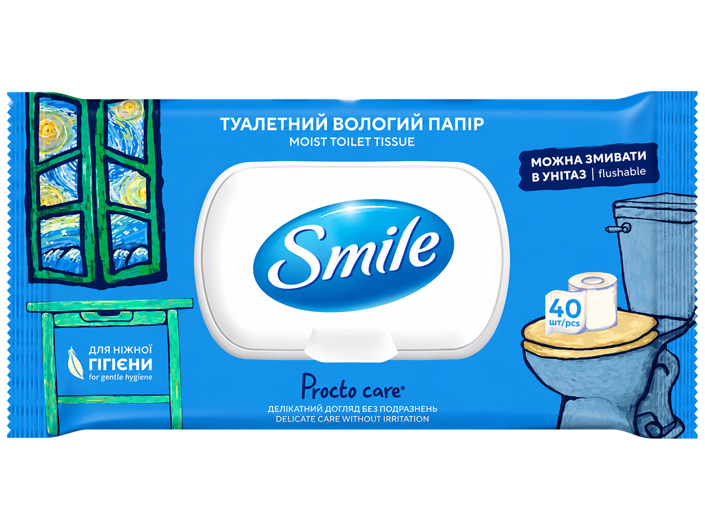 Влажная туалетная бумага Smile Procto Care, биоразлагаемая, для деликатной гигиены, 40 листов