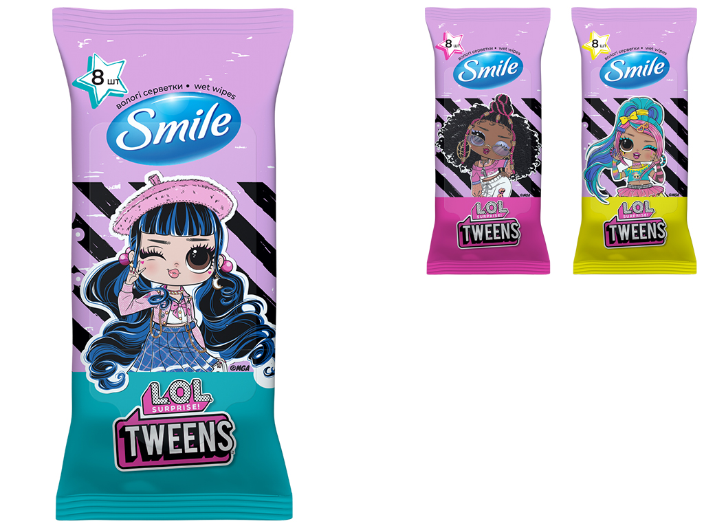 Серветки вологі для догляду за шкірою рук та тіла Smile, без спирту, аромат малини, 8шт