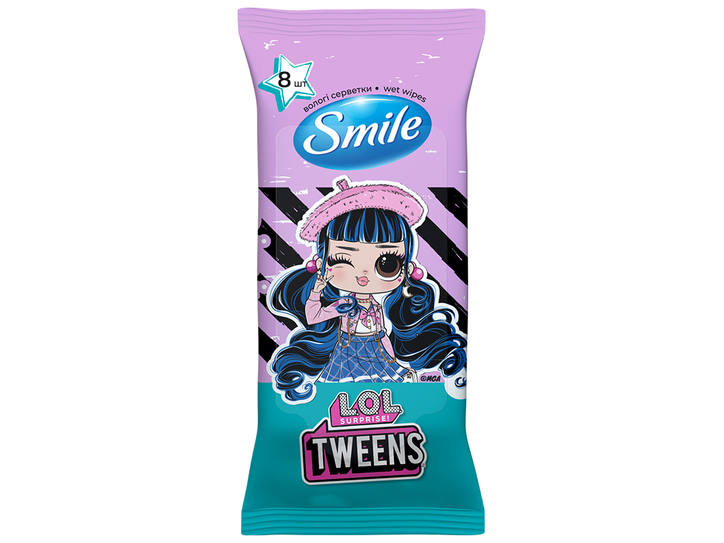 Серветки вологі для догляду за шкірою рук та тіла Smile, без спирту, аромат малини, 8шт