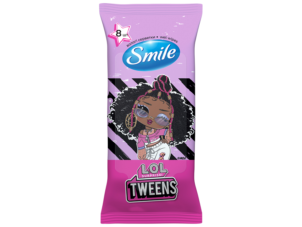 Серветки вологі для догляду за шкірою рук та тіла Smile, без спирту, аромат малини, 8шт