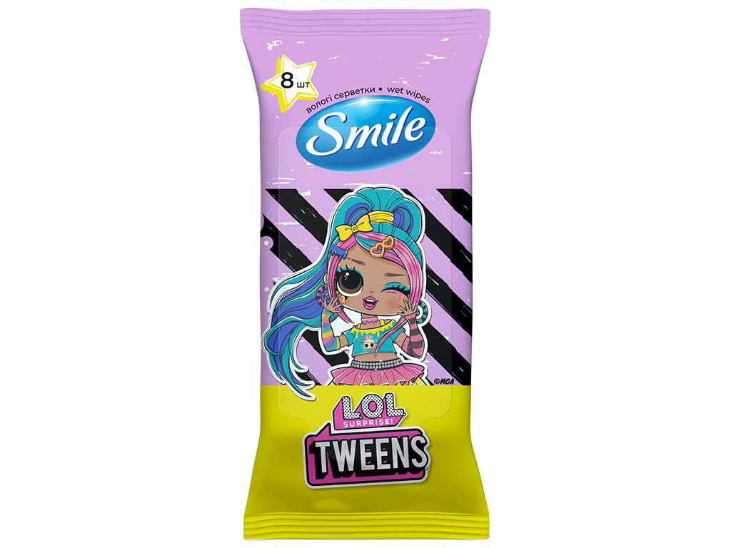 Серветки вологі для догляду за шкірою рук та тіла Smile, без спирту, аромат малини, 8шт