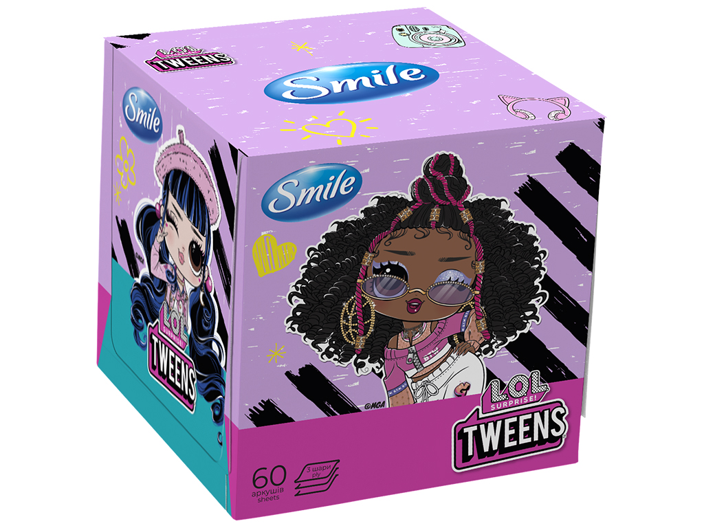 Серветки косметичні Smile L.O.L. Surprise, 3 шари, 60 штук, коробка з дозатором, колір мікс