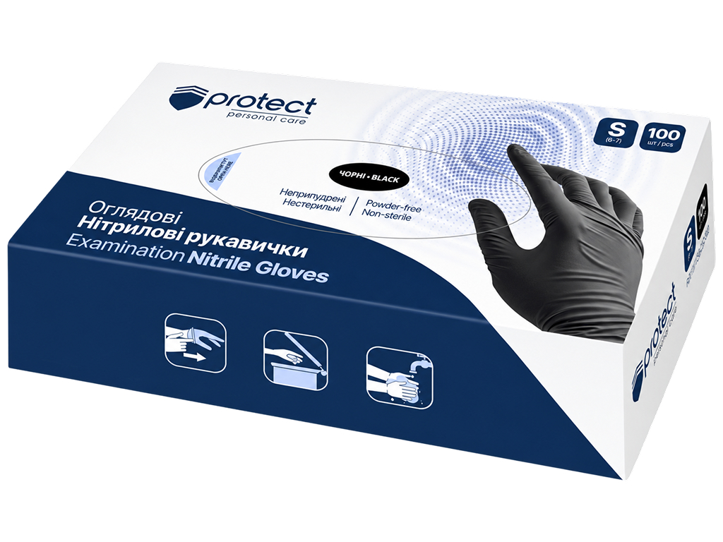 Рукавички Pro service Protect, нітрилові, неопудрені, нестерильні, чорні, розмір S, 100 шт