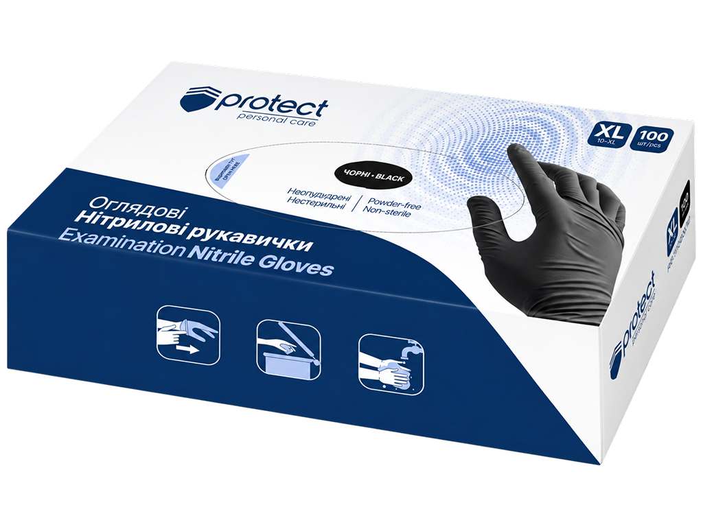 Рукавички Pro service Protect, нітрилові, неопудрені, нестерильні, чорні, розмір XL, 100 шт