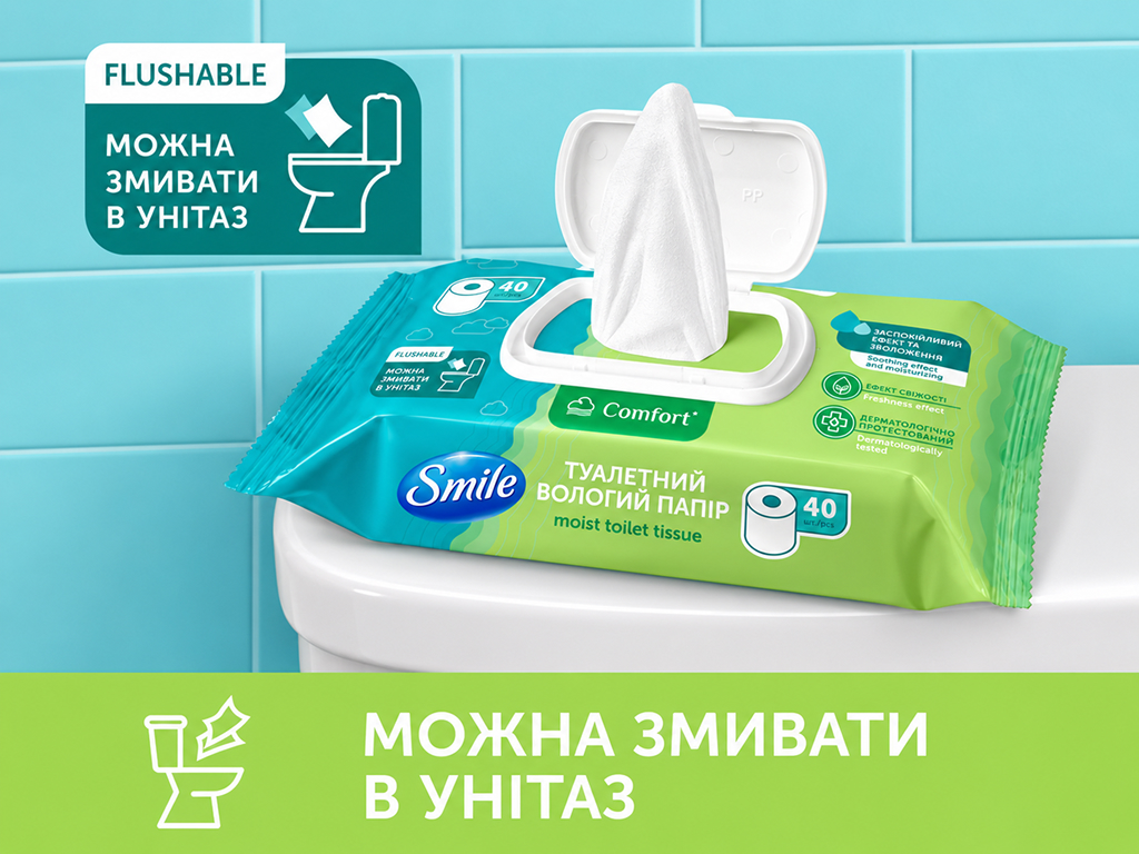 Влажная туалетная бумага Smile Comfort, биоразлагаемая, без запаха, 40 листов