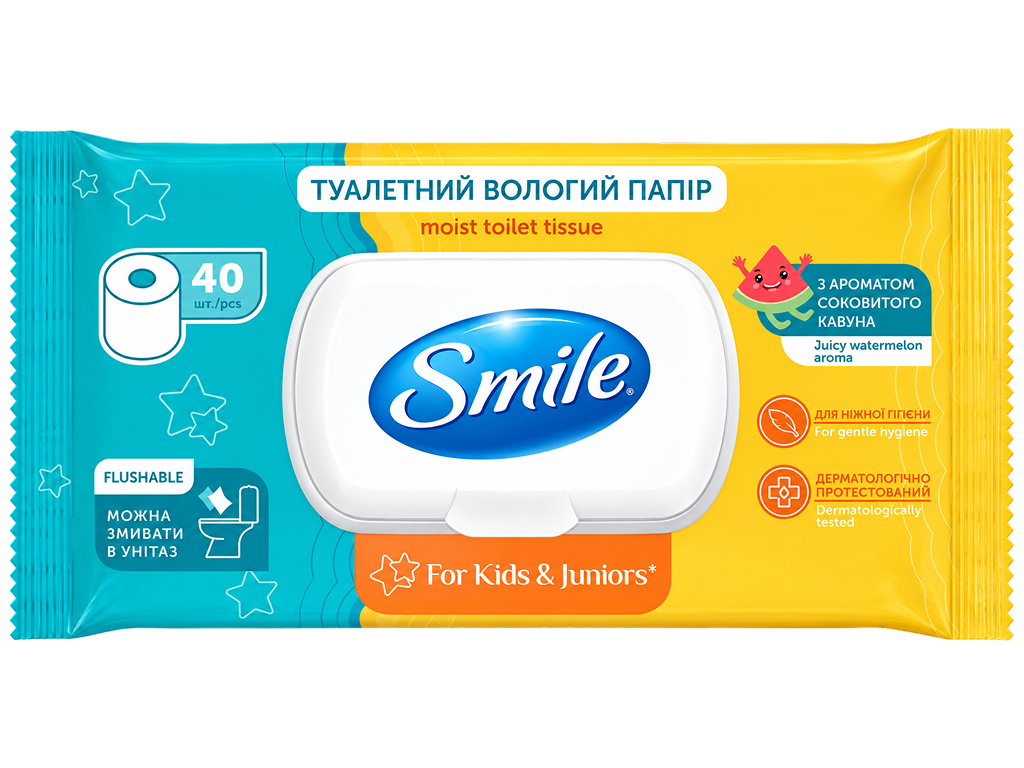 Влажная туалетная бумага Smile For Kids & Juniors, биоразлагаемая, аромат арбуза, 40 листов