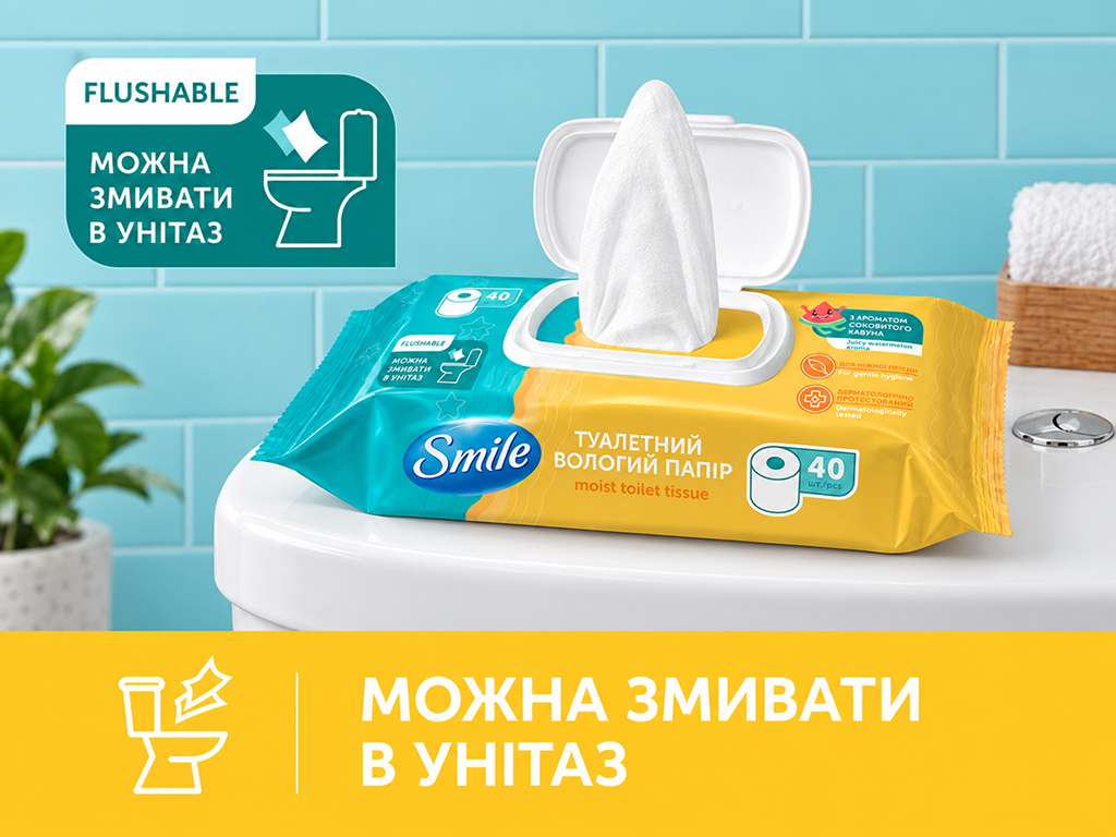 Влажная туалетная бумага Smile For Kids & Juniors, биоразлагаемая, аромат арбуза, 40 листов