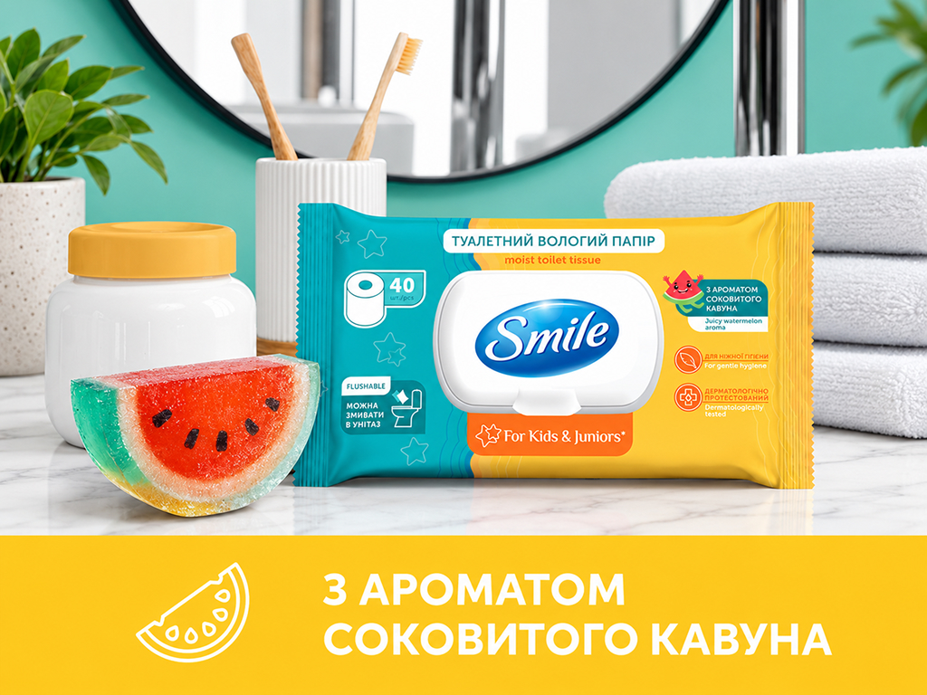 Влажная туалетная бумага Smile For Kids & Juniors, биоразлагаемая, аромат арбуза, 40 листов