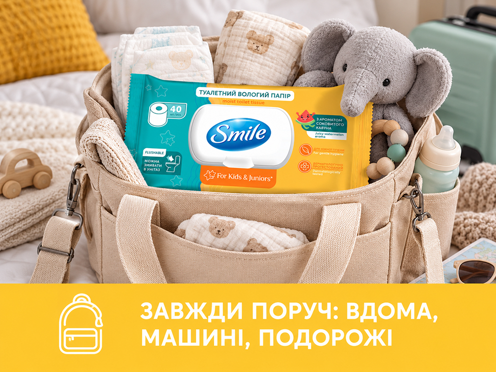 Влажная туалетная бумага Smile For Kids & Juniors, биоразлагаемая, аромат арбуза, 40 листов