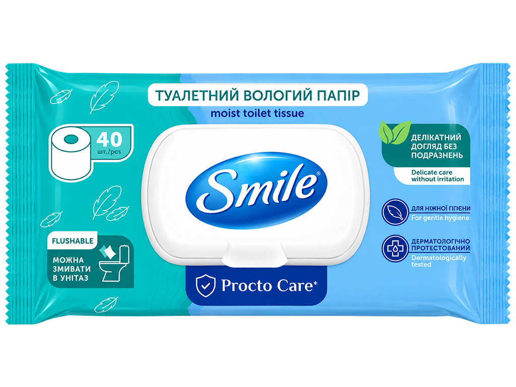 Влажная туалетная бумага Smile Procto Care, биоразлагаемая, без запаха, 40 листов