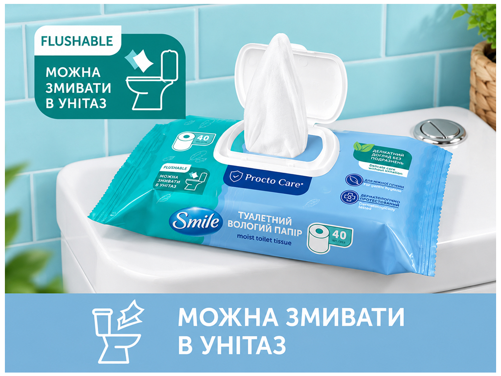 Влажная туалетная бумага Smile Procto Care, биоразлагаемая, без запаха, 40 листов