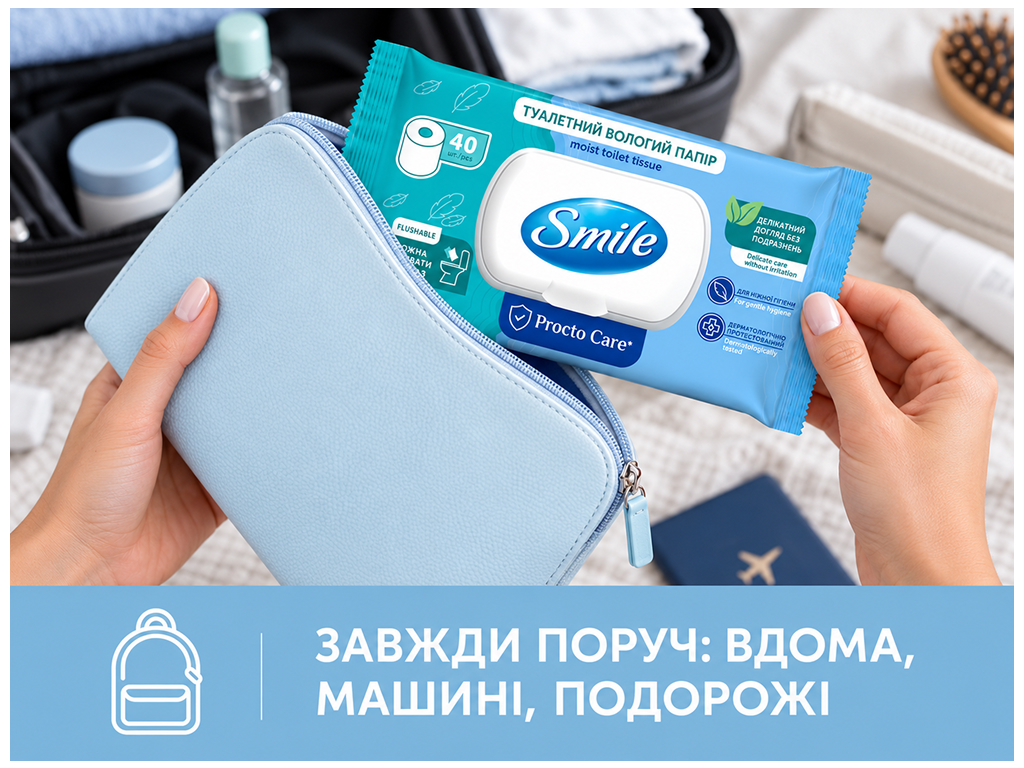 Влажная туалетная бумага Smile Procto Care, биоразлагаемая, без запаха, 40 листов