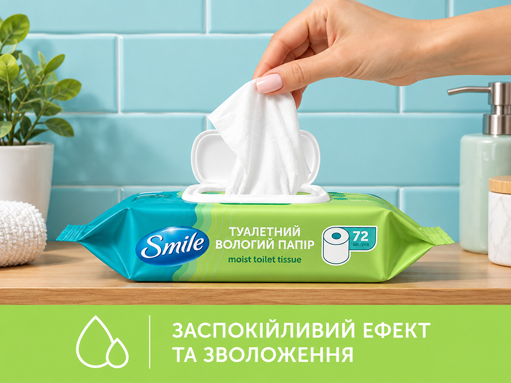 Вологий туалетний папір Smile Comfort, біорозкладний, без запаху, 72 аркушів