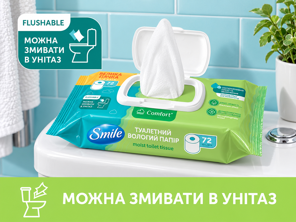 Вологий туалетний папір Smile Comfort, біорозкладний, без запаху, 72 аркушів