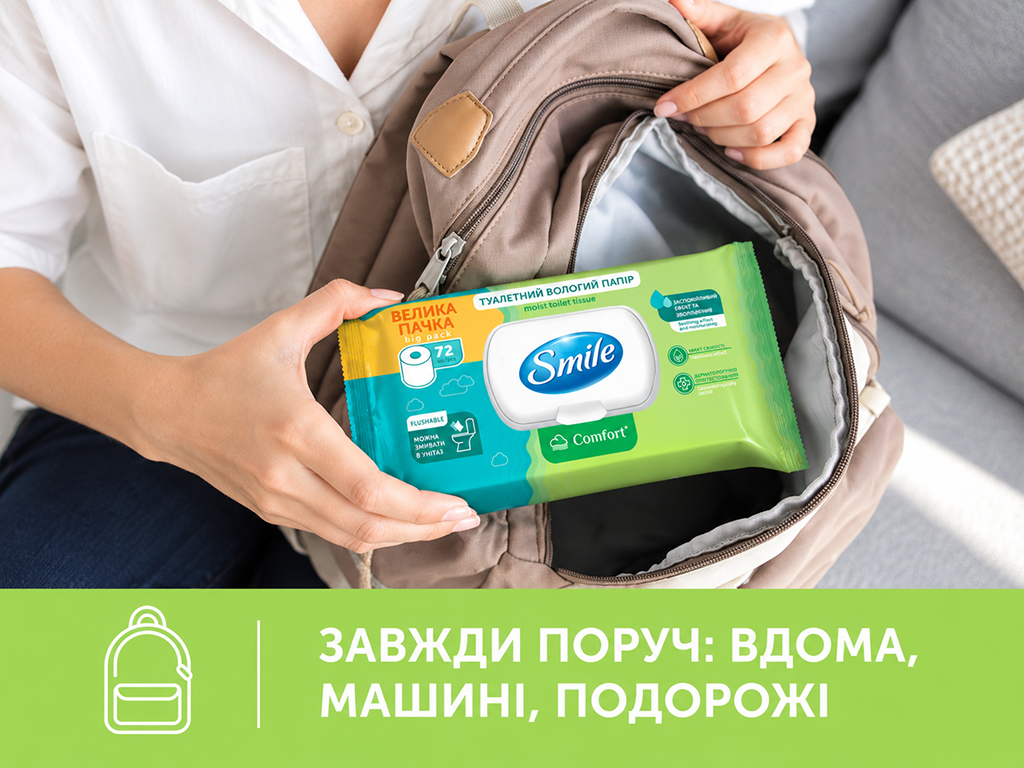 Вологий туалетний папір Smile Comfort, біорозкладний, без запаху, 72 аркушів
