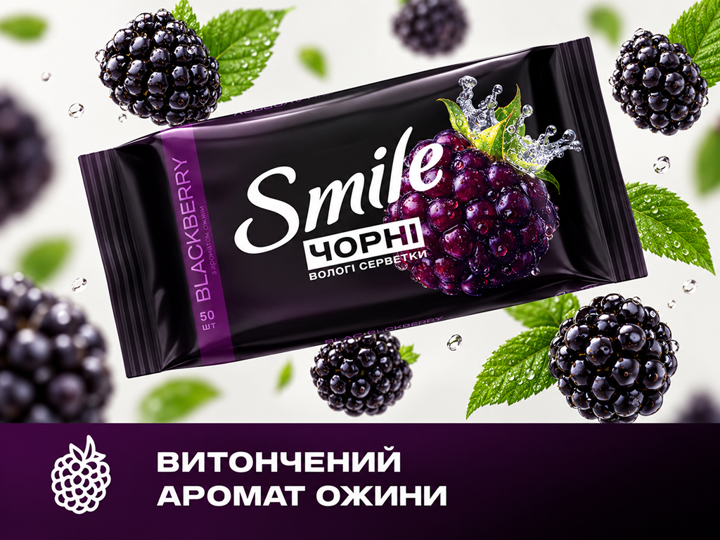 Влажные салфетки Smile Черные, для рук и тела, с ароматом ежевики, 50 шт
