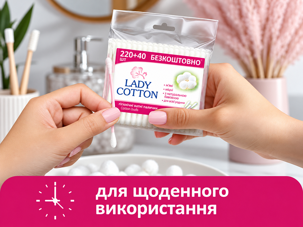 Ватні палички гігієнічні Lady Cotton, натуральна бавовна, поліпропілен, 260 шт