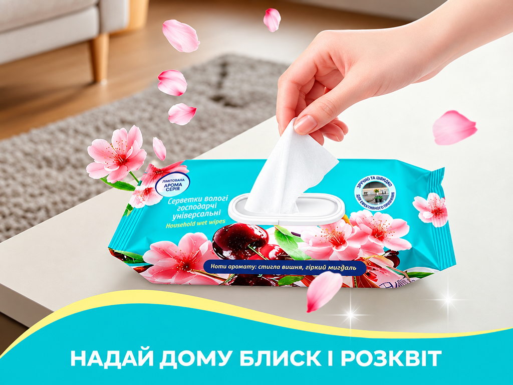 Серветки вологі для прибирання Pani Blysk Вишнева розкіш, універсальні, 48 шт