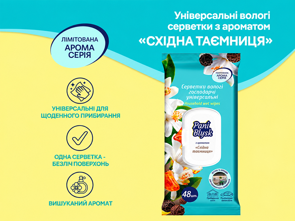 Серветки вологі для прибирання Pani Blysk Східна таємниця, універсальні, 48 шт