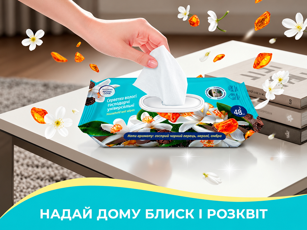 Серветки вологі для прибирання Pani Blysk Східна таємниця, універсальні, 48 шт