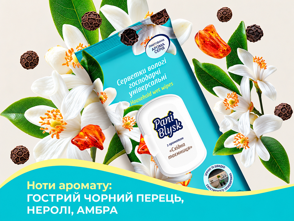 Серветки вологі для прибирання Pani Blysk Східна таємниця, універсальні, 48 шт