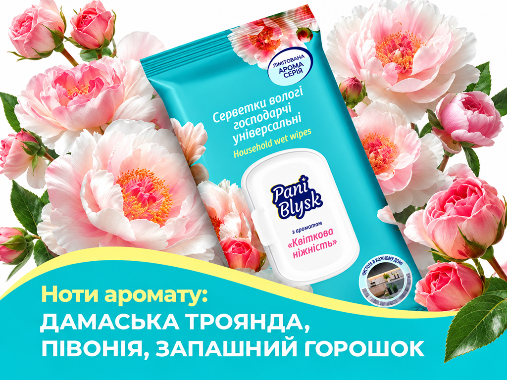 Серветки вологі для прибирання Pani Blysk Квіткова ніжність, універсальні, 48 шт