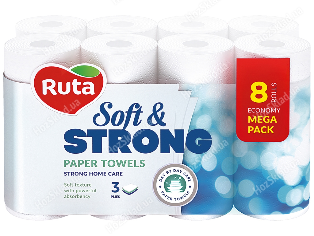 Рушники паперові Ruta Soft Strong, 3х шарові, 8 рулонів, білі
