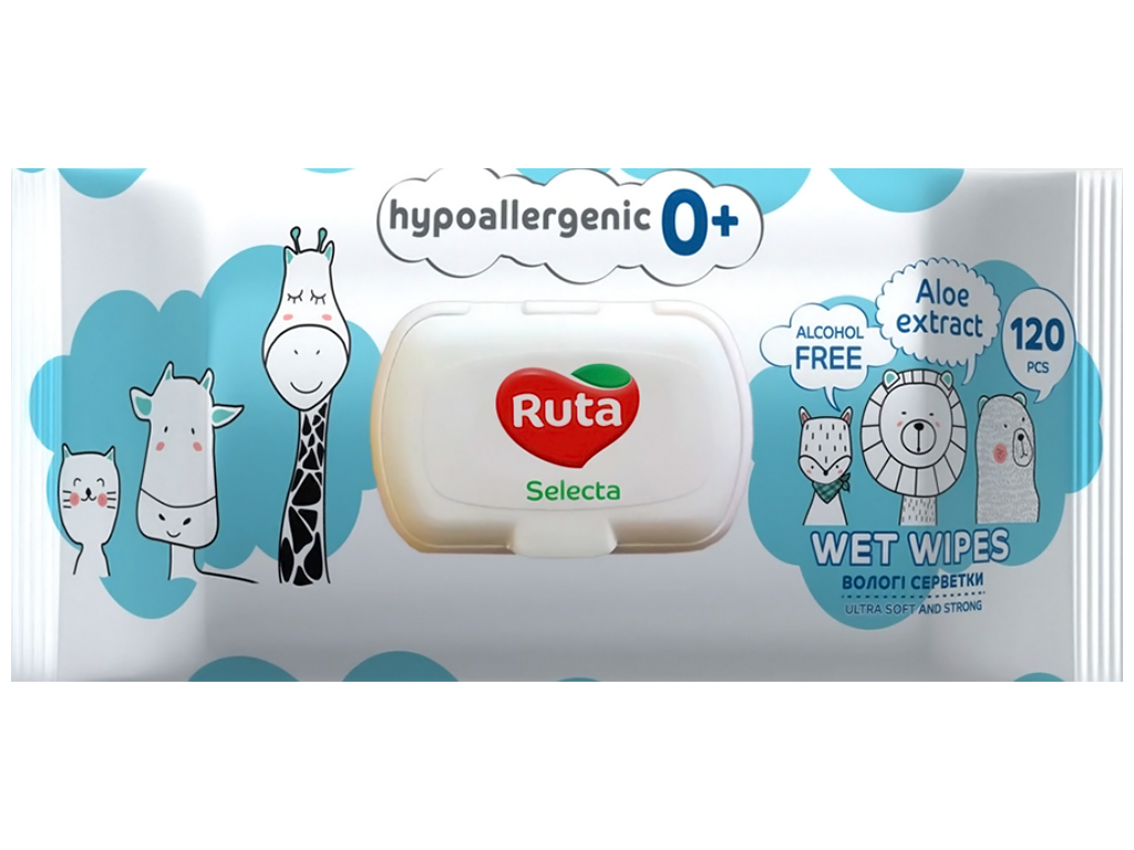Салфетки влажные детские Ruta Selecta, с первых дней жизни, гипоаллергенные, без спирта, 120шт
