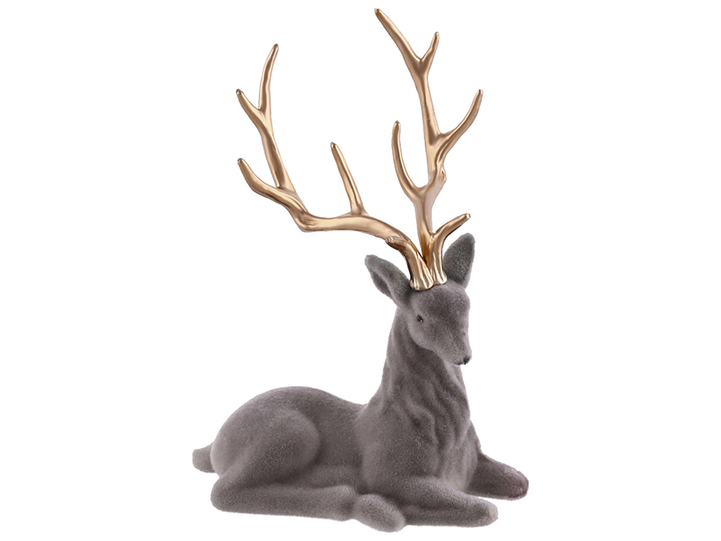 Новогодняя декоративная фигура Олень 20х15см, цвет - серый флок с золотыми рогами