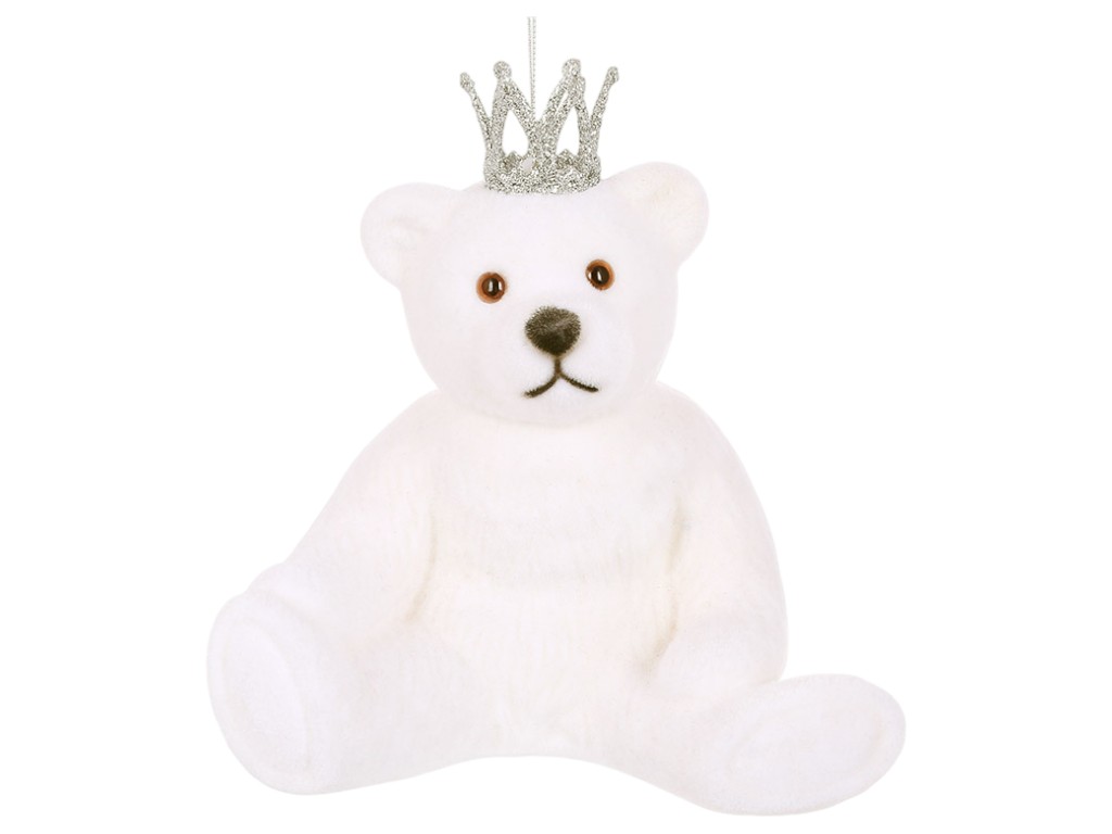 Украшение елочное Мишка с короной с флоковым напылением, пластик, 20×15,3×20см, цвет белый