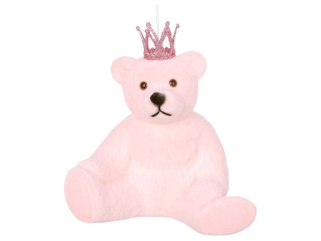 Украшение елочное Мишка с короной с флоковым напылением, пластик, 20×15,3×20см, цвет розовый