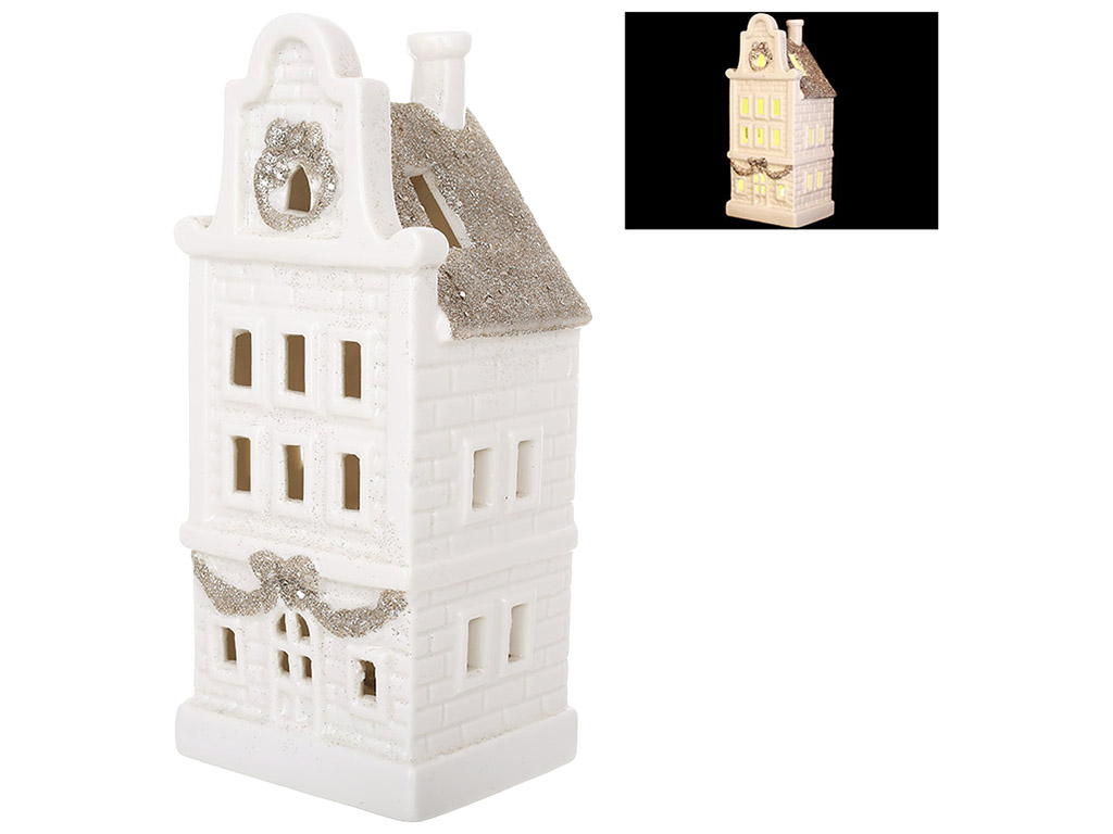Керамический Дом с LED подсветкой, 8x7x19,5см, цвет - белый с глиттером шампань